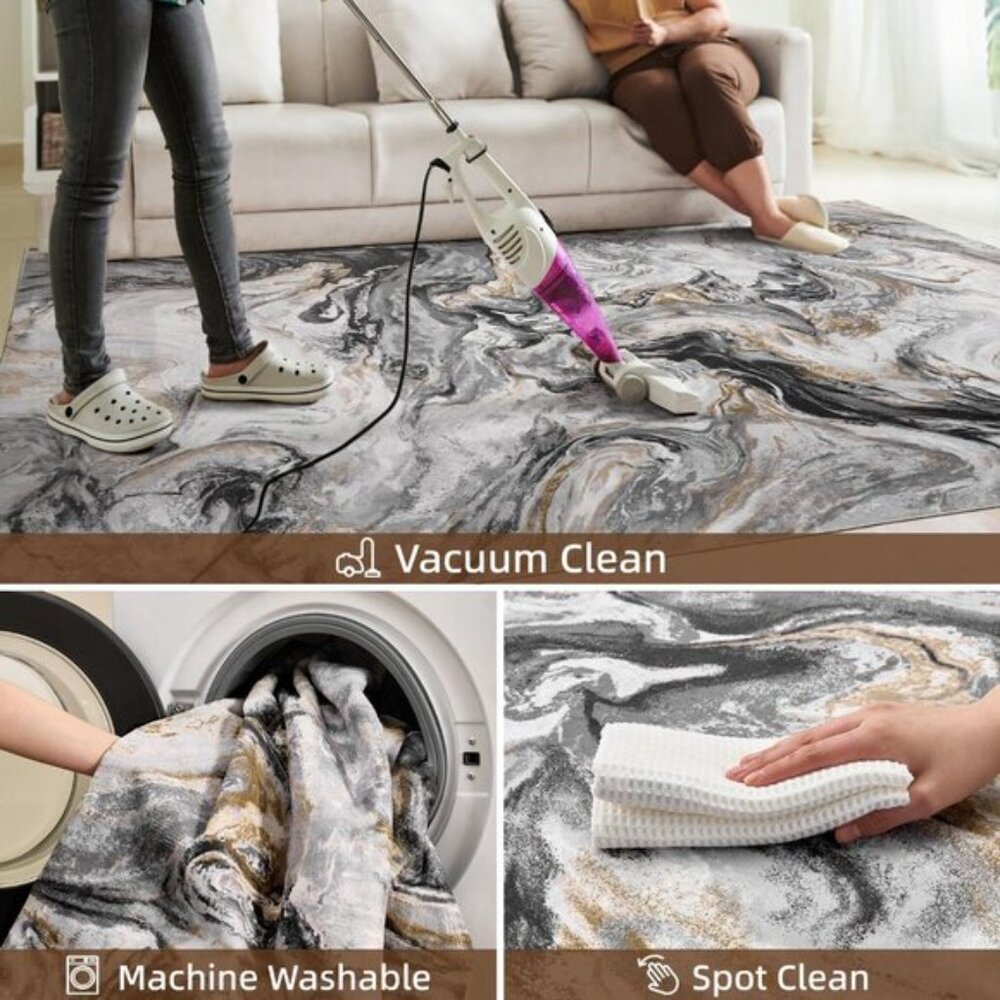 New 5x7 Black & Grey Marble Rug. Ultra-Soft, Washable, Non-Slip, Modern Carpet - Picture 4 of 7